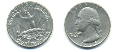 США 25 центов (квотер) 1965 Вашингтон KM 164а медь плакированная медно-никелем 93-1121