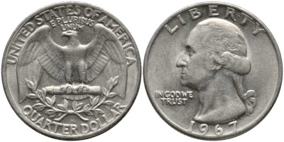США 25 центов (квотер) 1967 Вашингтон KM 164а медь плакированная медно-никелем 113-515