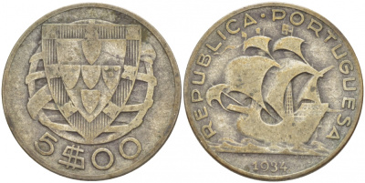 Португалия 5 эскудо 1934 KM 581 серебро 3718-614