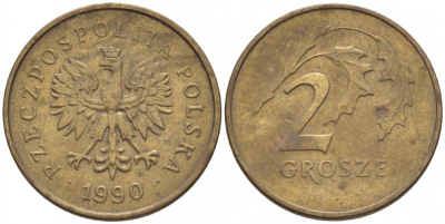 ПОЛЬША 2 ГРОША 1990 MW KM 277 латунь 112-1148