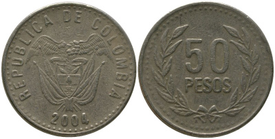 Колумбия 50 песо 2004 KM 283.2 никель латунь 4538-1035