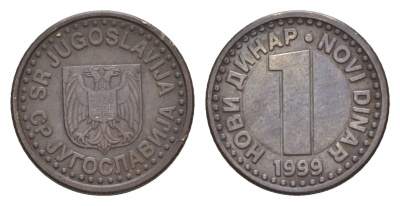 Югославия 1 динар 1999 KM 168 медь цинк никель 4647-1266