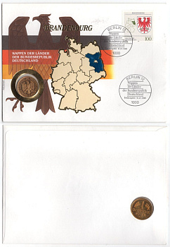 ФРГ 1 марка 1991 в конверте с маркой (КПД - Конверт первого дня Гашения) KM 110, J. 385 медно-никель, золочение UNC 9003-84
