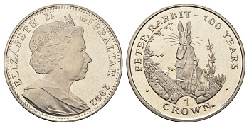 Гибралтар 1 крона 2002 100 лет Кролику Питеру KM 992.1 медно-никель BU 1524-2014