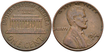 США 1 цент 1964 D, Линкольн KM 201 медь цинк 4564-441