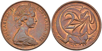 АВСТРАЛИЯ 2 ЦЕНТА 1982 ЕЛИЗАВЕТА II, МОЛОДОЙ ПОРТРЕТ, ПЛАЩЕНОСНАЯ ЯЩЕРИЦА (FRILLED LIZARD) KM 63 бронза 4385-341