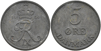 ДАНИЯ 5 ЭРЕ 1954 N; S, ФРЕДЕРИК IX (1947-1972) KM 843.1 цинк 4565-732