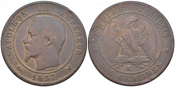 ФРАНЦИЯ 10 САНТИМОВ 1857 W, НАПОЛЕОН III (1852-1870) KM 771.7, LA FRANC 133.44 бронза 114-1214