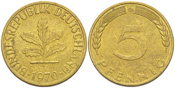 ФРГ 5 ПФЕННИГОВ 1970 D KM 107 J. 382 сталь плакированная латунью 3955-561