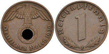Германия 1 рейхспфенниг 1939 F KM 89, J 361 бронза 4136-1211