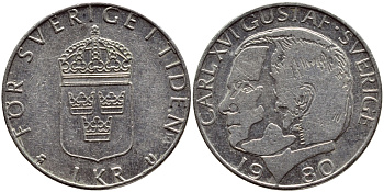 Швеция 1 крона 1980 Карл XVI Густав (1973- ) KM 852 медь плакированная медно-никелем 4397-932