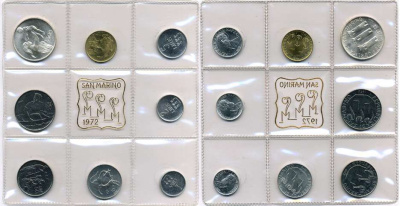 Сан-Марино годовой набор из 8 монет 1972 1, 2, 5, 10, 20, 50, 100 и 500 лир мать поднимает ребенка в воздух KM 14-21, в оригинальной пластиковой запайке серебро KM MS1 серебро UNC 5-4-3-50