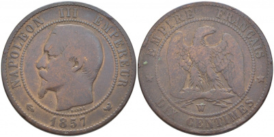 ФРАНЦИЯ 10 САНТИМОВ 1857 W, НАПОЛЕОН III (1852-1870) KM 771.7, LA FRANC 133.44 бронза 114-1214