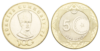 Турция 5 лир 2023 100 лет Турецкой Республики KM NEW биметалл  UNC  M36-17