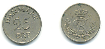 Дания 25 эре 1955 N; S, Фредерик IX (1947-1972) KM 842.1 медно-никель 3999-225