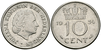 НИДЕРЛАНДЫ 10 ЦЕНТОВ 1954 ЮЛИАНА KM 182 никель 96-458