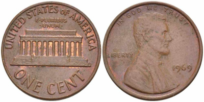 США 1 ЦЕНТ 1969 ЛИНКОЛЬН KM 201 медь цинк 105-615