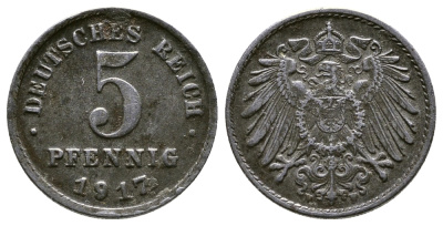 ГЕРМАНИЯ 5 ПФЕННИГОВ 1917 F KM 19, J. 297 железо 4380-146