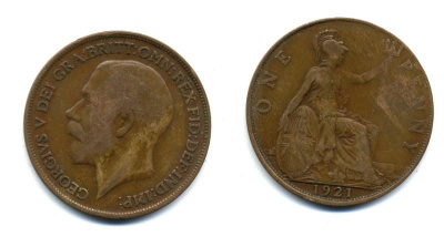 Великобритания 1 пенни 1921 Георг V (1910-1936) KM 810, Spink 4051 бронза 47-525