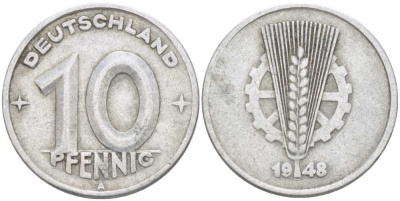 ГДР 10 ПФЕННИГОВ 1948 A KM 3 алюминий 212-846