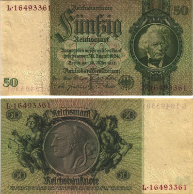 ГЕРМАНИЯ 50 РЕЙХСМАРОК 1933 БУКВА F, ДАВИД ГАНЗЕМАН, ВОДЯНОЙ ЗНАК ДАВИД ГАНЗЕМАН Pick 182а бумага XF 8589-17-1-1