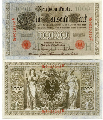ГЕРМАНИЯ 1000 МАРОК 1910 КРАСНАЯ ПЕЧАТЬ, 7 ЦИФР В НОМЕРЕ Pick 44b бумага 2192-29-2