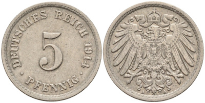 Германия 5 пфеннигов 1914 A KM 11, J. 12 медно-никель 4151-547