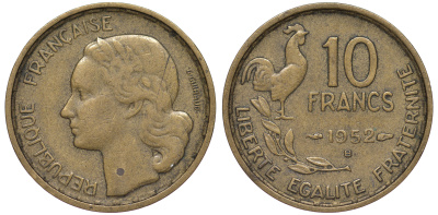Франция 10 франков 1952 B, петух KM 915.2, Le Franc 363.5 алюминиевая бронза 45-446