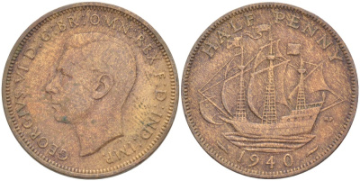 Великобритания 1/2 пенни 1940 Георг VI (1936-1952) KM 844, Spink 4115 бронза 4539-644