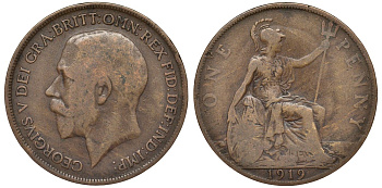 Великобритания 1 пенни 1919 Георг V (1910-1936) KM 810, Spink 4051 бронза 4123-1112