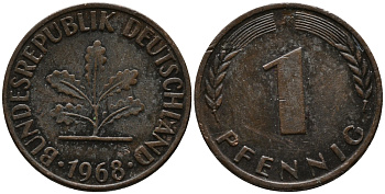 ФРГ 1 пфенниг 1968 J KM 105, J.380 сталь плакированная медью 99-264