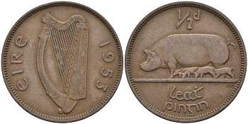 Ирландия 1/2 пенни 1953 свинья с поросятам KM 10 бронза 4132-327