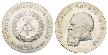 ГДР 20 марок 1970 А, 150 лет со дня рождения Фридриха Энгельса KM 28 серебро UNC 11-092-21