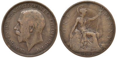 Великобритания 1 пенни 1919 Георг V (1910-1936) KM 810, Spink 4051 бронза 4123-1112
