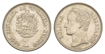 Венесуэла 1 боливар 1990 Симон Боливар, толстый шрифт Y 52a.2 сталь плакированная никелем 4591-641