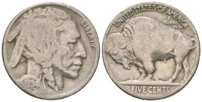 США 5 центов 1934 индеец, бизон KM 134 медно-никель 4614-1146