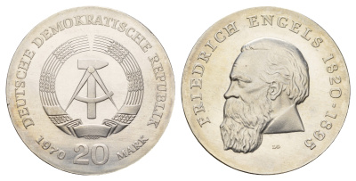 ГДР 20 марок 1970 А, 150 лет со дня рождения Фридриха Энгельса KM 28 серебро UNC 11-092-21
