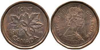 Канада 1 цент 1986 Елизавета II (1952-2022), кленовый лист KM 132 бронза 4528-755