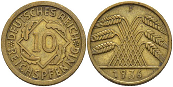 ГЕРМАНИЯ 10 РЕЙХСПФЕННИГОВ 1936 F KM 40, J. 317 алюминиевая бронза 4401-436