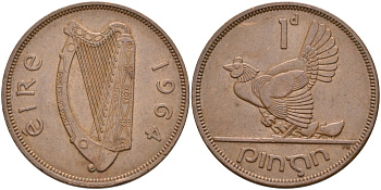 Ирландия 1 пенни 1964 курица с цыплятами KM 11 бронза 88-843