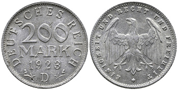 ГЕРМАНИЯ 200 МАРОК 1923 D KM 35, J. 304 алюминий 24-833