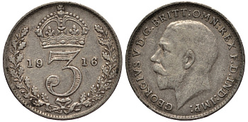 Великобритания 3 пенса 1916 Георг V (1910-1936) KM 813, Spink 4015 серебро 4528-442