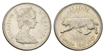 Канада 25 центов 1967 пума, 100 лет Конфедерации Канада, Ссеребро 0.800, вес 5,83 гр, диаметр 23,88 мм KM 67 серебро 4622-911