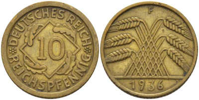 ГЕРМАНИЯ 10 РЕЙХСПФЕННИГОВ 1936 F KM 40, J. 317 алюминиевая бронза 4401-436