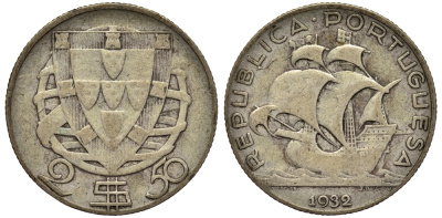 ПОРТУГАЛИЯ 2,5 ЭСКУДО 1932 ПАРУСНИК, ПЕРВЫЙ ГОД KM 580 серебро 1526-1345