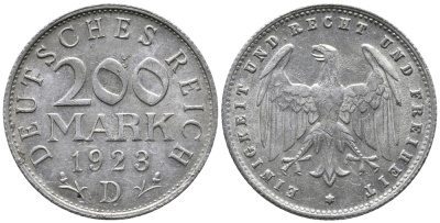 ГЕРМАНИЯ 200 МАРОК 1923 D KM 35, J. 304 алюминий 24-833