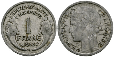 Франция 1 франк 1948 B, Тип Morlon KM 885a алюминий 4135-745
