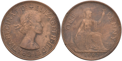 Великобритания 1 пенни 1967 Елизавета II (1952-2022) KM 897, Spink 4157 бронза 4557-1022