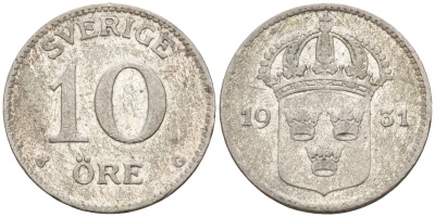 Швеция 10 эре 1931 G, Густав V (1907-1950) KM 780 серебро 4147-835
