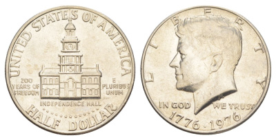 США 1/2 доллара (50 центов) 1976 200 лет независимости, Джон Кеннеди KM 205 медь плакированная медно-никелем aUNC 4545-343